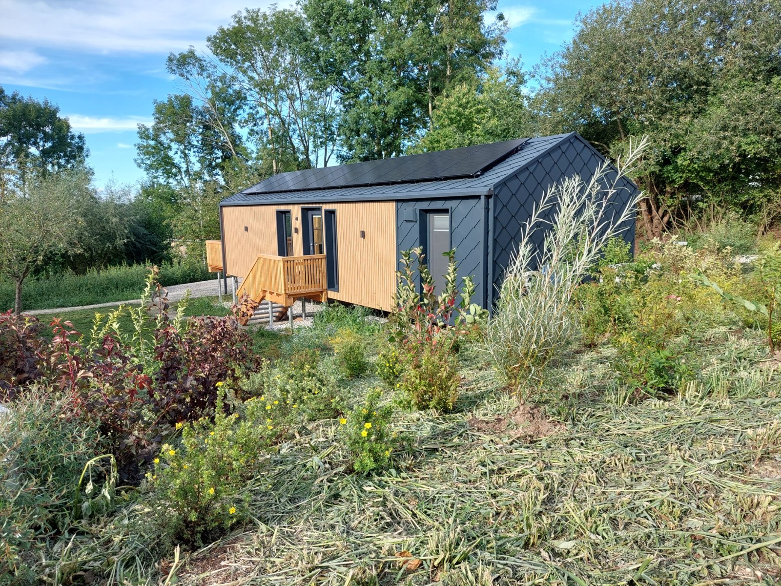 Modularer Bungalow eingebettet in die bepflanzte Außenanlage